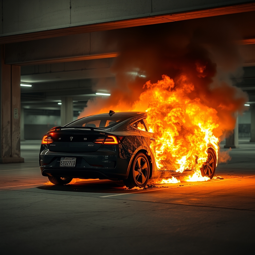 Electric car fire in a parking garage