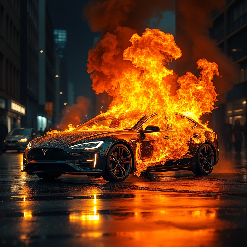 An electric car engulfed in flames on a city street at night